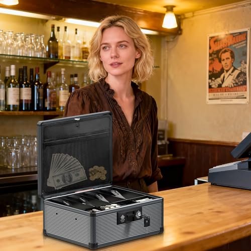 Locking Cash Box with Money Tray and Key, Secure Money Safe Box for Cash, Portable Money Box with 2 Storage Spaces and Removeable Storage Bag, Money Saving Organizer (Black, XX-Large) - size: XX-Large