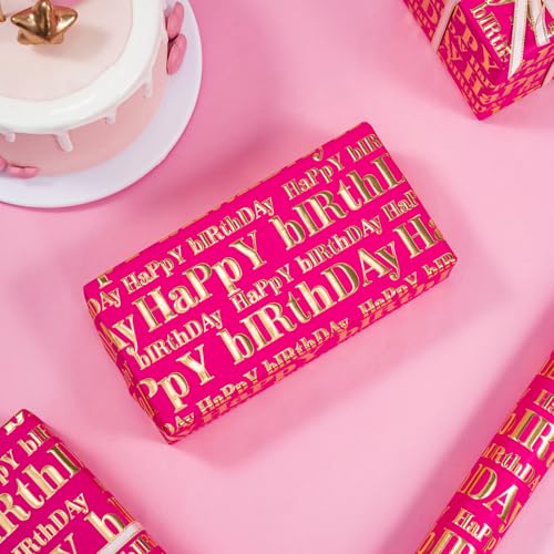 WRAPAHOLIC 3D Kraft Birthday Wrapping Paper Roll - Mini Roll - 17 Inch x 16.5 Feet - Gold and Hot Pink Happy Birthday Wrapping Paper with Embossed Perfect for Girls Women, Holiday, Party - color: Hot Pink & Gold Happy Birthday, size: 17 inch x 16.5 feet