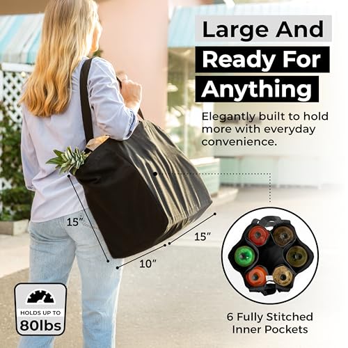 VeraMia Canvas Grocery Bag 3pc XL Set with Real Pockets, Long Shoulder Strap and Short Handle. Heavy Duty, Foldable, Washable - color: Black