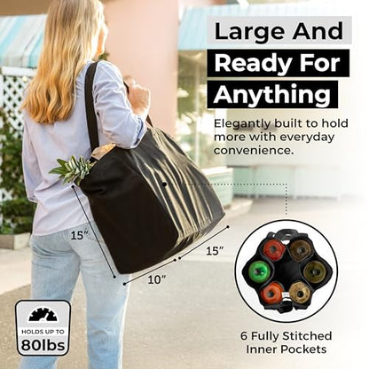 VeraMia Canvas Grocery Bag 3pc XL Set with Real Pockets, Long Shoulder Strap and Short Handle. Heavy Duty, Foldable, Washable - color: Black