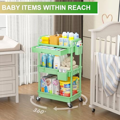 Goovilla 3 Tier Rolling Utility Cart Organizer with Removable Drawer, Green - size: 3 Tier, style: Green