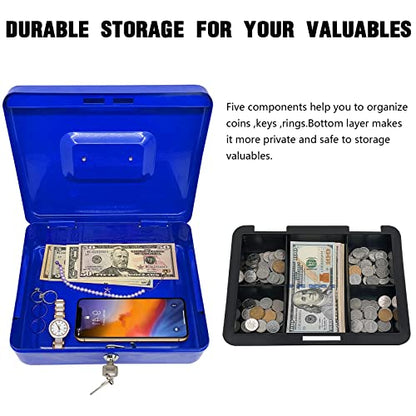 Steel Cash Box with Key Lock, Metal Small Money Organizer with Money Tray,Cash Storage Box with Lockable Cover (Blue - 10 inch) - color: Blue - 9.8" x 7.8" x 3.3"