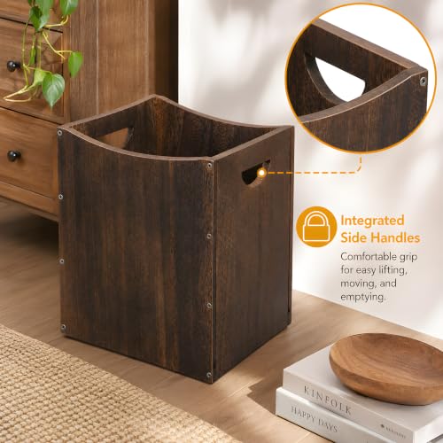 Vrisa Wood Trash Can 5.3 Gallon Office Wastebasket Farmhouse Rectangular Garbage Can with Built-in Handles Small Trash Can for Bedroom Office Kitchen Bathroom Under Desk Large Storage