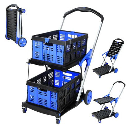 Foldable Shopping Cart, Heavy Duty Collapsible Cart with Wheels, 198 lbs Capacity, Compact Fold to 4.33", Aluminum Frame & Removable PP Wheels, Includes 2 Storage Boxes (Blue)