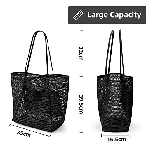 KALIDI Beach Mesh Tote Bag, Casual MAX 23L Summer Foldable Hobo Bag Women - color: Black