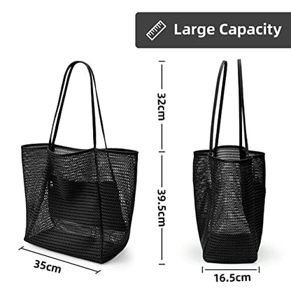 KALIDI Beach Mesh Tote Bag, Casual MAX 23L Summer Foldable Hobo Bag Women - color: Black