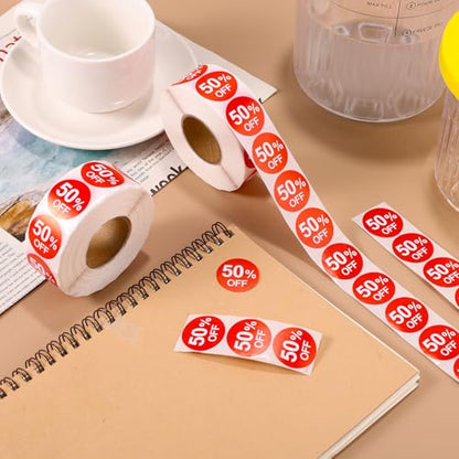 2000pcs 50% Discount Stickers, 1in Round Self Adhesive 50 Percent Off Signs