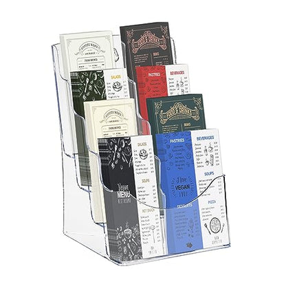 4 Tier Acrylic Brochure Holder 8.5 x 11 Inch, Clear Literature Organizer Magazine Stand with Removable Divider for 4x9 Inch Brochures, Pamphlet Flyer Display Stand for Wall Mount or Countertop