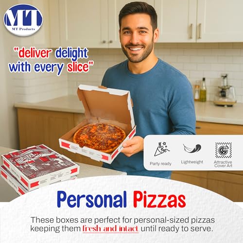 MT Products 10" Length x 10" Width x 1.75" Depth Corrugated White-Red B-Flute Cardboard Pizza Box Keeps Pizza Fresh (5 Pieces) - color: White-Red