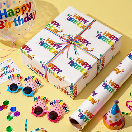 WRAPAHOLIC Happy Birthday Wrapping Paper Roll - Mini Roll - 17 Inch x 16.5 Feet - Colorful Rainbow Birthday Wrapping Paper with Balloons and Confetti Design for Kids Boys Girls Teens Adults - color: Happy Birthday - Colorful Rainbow