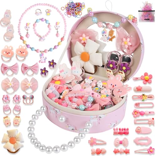 Princess Jewelry Box for Girls with Hair Accessories,Girls Hair Clips Bows Set, Fashion Hair Styling Kit with Mirror,Pink Sparkle Trinket Box Includes Hair Clips (Flower) - style: Flower