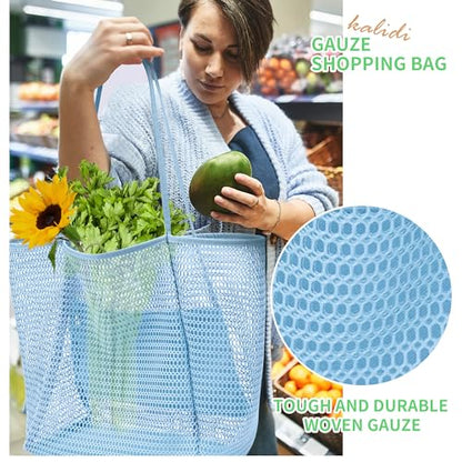 KALIDI Beach Mesh Tote Bag, Casual MAX 23L Summer Foldable Hobo Bag Women - color: Blue White