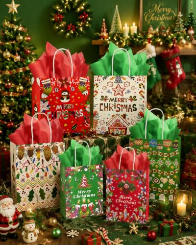qiqee 100PCS Paper Gift Bags Assorted Christmas Paper Bags Red White Green - color: Red White Green