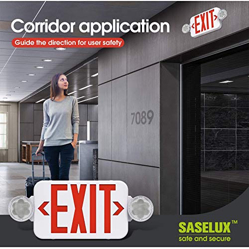 Red Led Exit Sign Emergency Light Combo Adjustable Two Head, Double Sided and Battery Backup Exit Light, Contractor Select, AC 120/277V (6 Pack)