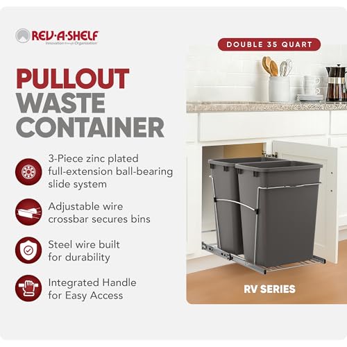 Rev-A-Shelf RV-18KD-13C-S Double Pullout Trash Can for Kitchen Cabinets 35 Quart Garbage Recycling Bin on Full Extension Slides, Gray - color: Dark Gray