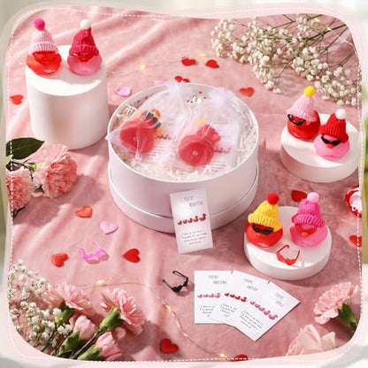 Liliful 24 Sets Pink Red Rubber Ducks with Knit Hat Sunglasses Card Bag - color: Pink Red