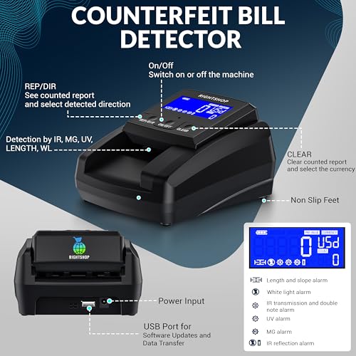 Counterfeit Bill Detector Machine with UV Flashlight, IR MG UV Detection - Fake Bill Checker for USD, EUR & GBP, Cash Value Calculator with Automatic 4-Way Orientation