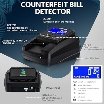 Counterfeit Bill Detector Machine with UV Flashlight, IR MG UV Detection - Fake Bill Checker for USD, EUR & GBP, Cash Value Calculator with Automatic 4-Way Orientation