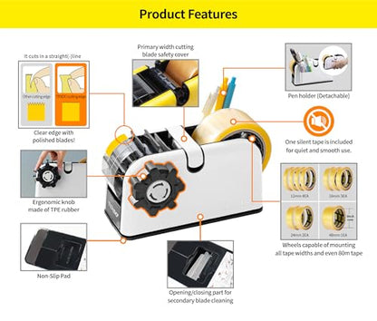 [TENDO°] TENDO Multi-Section Tape Dispenser, Custom Width Tape Cutter with 4 Cutting Sections, Built-in Safety Blade, Ergonomic Grip for Packing and Office Use, ZO-508(White) - color: White