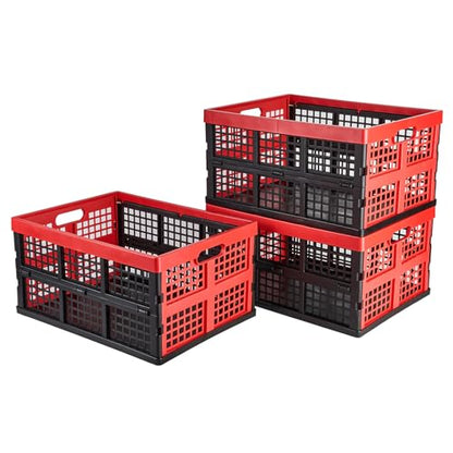 Aebeky 3-Pack Plastic Collapsible Storage Crates-30L,Foldable Plastic Crates for Storage (Black+Red) - color: Black+Red