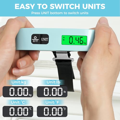 BAGAIL Digital Luggage Scale, 110lbs Hanging Baggage Scale with Backlit LCD Display, Portable Suitcase Weighing Scale, Travel Luggage Weight Scale with Hook, Strong Straps for Travelers - color: Mint