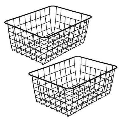 LeleCAT Black Wire Storage Baskets, Metal Household Storage Organizer for Kitchen，Pantry, Shelf, Freezer, Bathroom，Black 2 Pack - size: 2 Pack