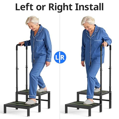 2 Step Stool with Handle, Heavy Duty Step Stool for Elderly and Adults, Adjustable Handrail with Non-Slip Platform, Bedside Steps for High Beds, Kitchen and Bathroom