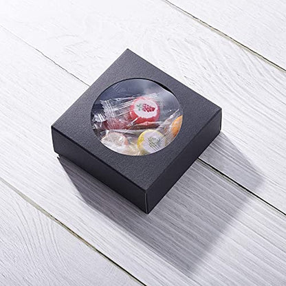 BENECREAT 24 Pack Kraft Paper Boxes with Clear Window 3x3x1.2 Black Kraft Gift Packaging Boxes for Bakery Cookies Cake Candy Wedding Party, Festival Gift Packaging - color: Black, size: 3 X 3 X 1.2 Inch (Pack of 24)