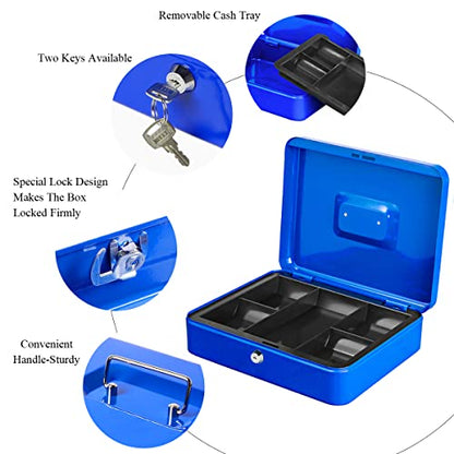 Jssmst Large Cash Box with Key Lock - Durable Metal Cash Box with Money Tray, 11.81 x 9.84 x 3.46 inches (X-Large, Blue) - color: Blue, size: XL(11.81")