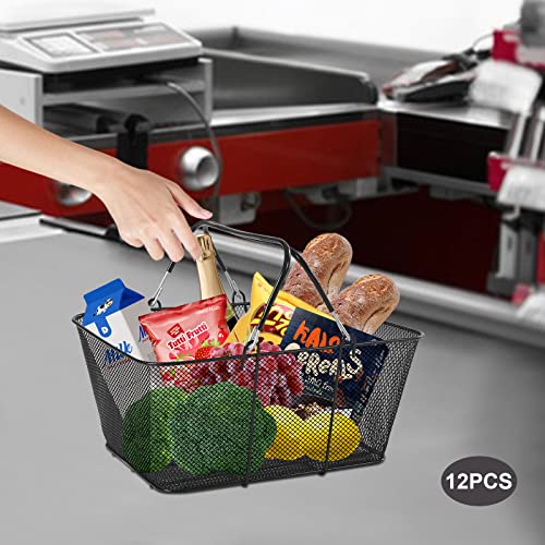 12PCS Shopping Baskets with Handles, Black Metal Shopping Basket, Portable Wire Shopping Basket, Black Wire Mesh shopping Basket Set for Stores Shopping