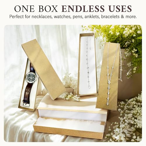 RJ Displays 25 Pack Cotton Filled Cardboard Paper Jewelry Bracelet, Watch, Necklace, Jewelry Set, Gift Retail Packaging (Brown, 8" x 2" x 1")