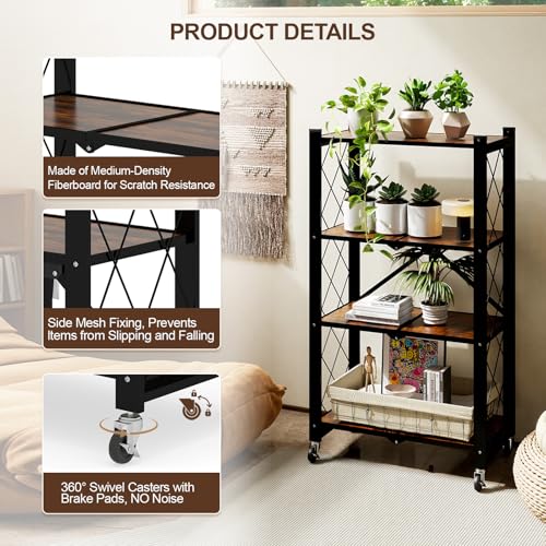 4 Tier Folding Shelf with Wheels, Wood and Metal Bookshelf - color: Brown Wooden, size: 4 Tier