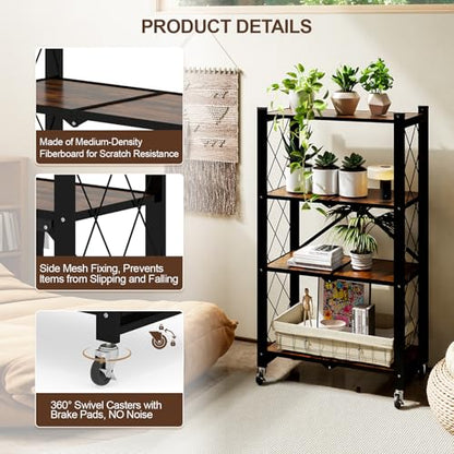 4 Tier Folding Shelf with Wheels, Wood and Metal Bookshelf - color: Brown Wooden, size: 4 Tier