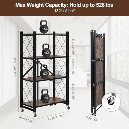 4 Tier Folding Shelf with Wheels, Wood and Metal Bookshelf - color: Brown Wooden, size: 4 Tier