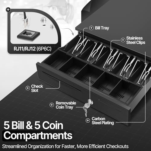 Flexzion 16-Inch Cash Drawer for Small Businesses, 5 Bill/5 Coin, Black