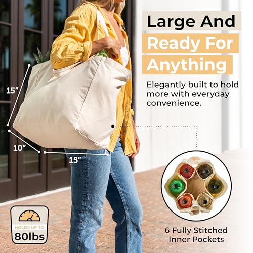 VeraMia Canvas Grocery Bag 3pc XL Set with Real Pockets, Long Shoulder Strap and Short Handle. Heavy Duty, Foldable, Washable - color: Beige