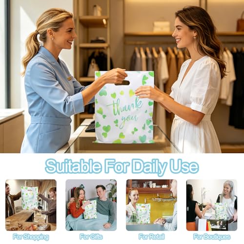 WAKAKO Bulk 50 Green Thank You Shopping Bags with Handles – Durable Plastic Retail Bags for Business Small, Boutique, Gifts, Merchandise (Small 12"x9") – Fits Accessories & Jewelry - size: 1 Count (Pack of 50)