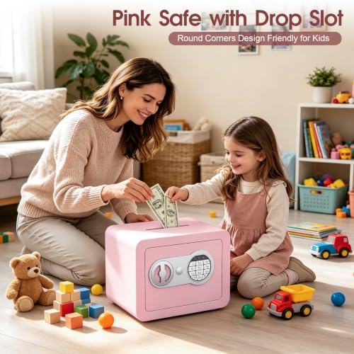 Small Safes for Home Small Safe Box Mini Safe with Coin Slot Personal Safes for Money Cash Documents Kids Safety Box with Digital Keyboard & Sensor Light Caja Fuerte Para Dinero 0.23 Cubic (pink) - color: pink