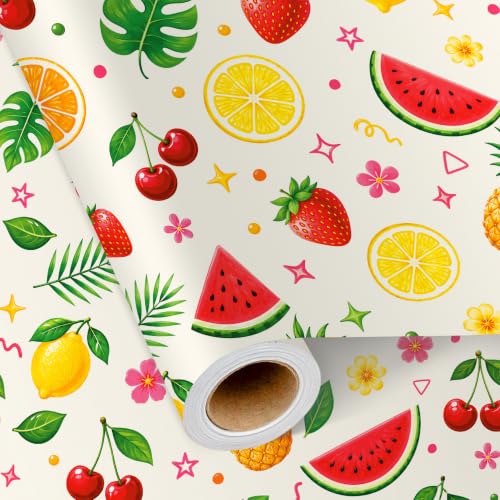 Sikiweiter Colorful Summer Fruit Wrapping Paper Roll, 17 Inches x 16.5 Feet, Watermelon Strawberry Lemon Cherry Tropical Gift Wrap for Birthday Party and Summer Celebration(Fruits) - color: Fruits
