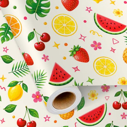 Sikiweiter Colorful Summer Fruit Wrapping Paper Roll, 17 Inches x 16.5 Feet, Watermelon Strawberry Lemon Cherry Tropical Gift Wrap for Birthday Party and Summer Celebration(Fruits) - color: Fruits