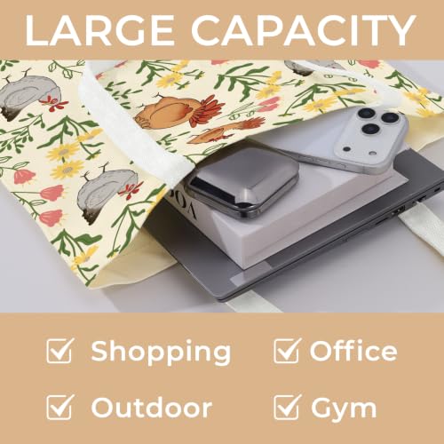Cute Canvas Tote Bag for Women, Book Totebag with Zipper Pocket - color: Chicken Flowers