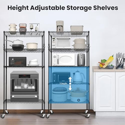 Storage Shelves 75"H Wire Shelving Unit with Wheels 1750LBS Heavy Duty Metal Shelves for Storage Adjustable 5-Tier Garage Storage Rack Kitchen Pantry Shelves Rolling Shelf on Casters, 14"D x36"W x75"H - size: Heavy 5 Tier Shelf