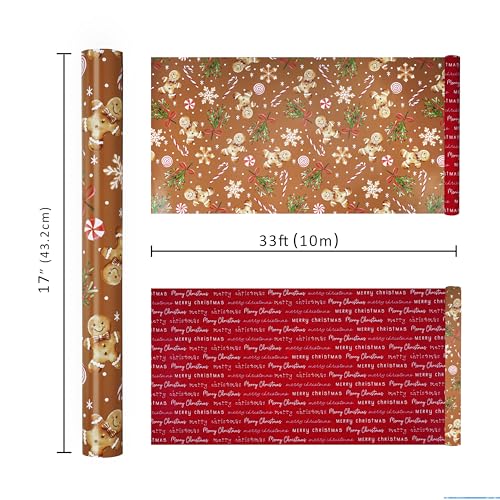 LaRibbons Christmas Wrapping Paper, Double-Sided Gingerbread Cookie Design - color: Gingerbread Man, size: 17 Inch x 33 Feet-1Roll
