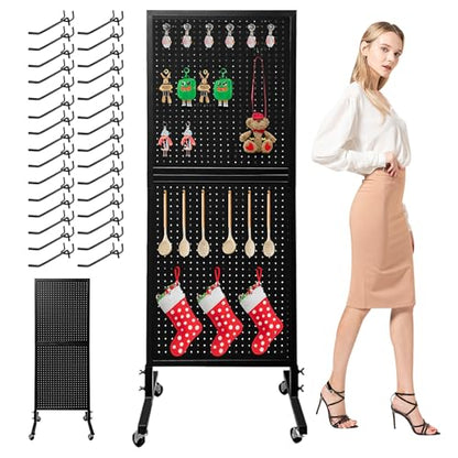 Royxen Large Standing Pegboard Display with T-Base, 2 x 5.4 Feet Metal Pegboard Display Stand with 30 Hooks, Peg Board Panels with Wheels for Vendors, Home and Retail Store (Black) - color: Black