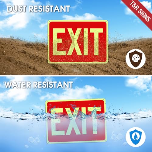 T&R Exit Sign - 2 Pack - 10 x 7 Inches Rust Free .040 Aluminum Glow-In-The-Dark - UV Protected, Waterproof, Weatherproof and Fade Resistant - 4 Pre-drilled Holes - color: Red - 10" x 7" - 2 pack - Glow-In-The-Dark