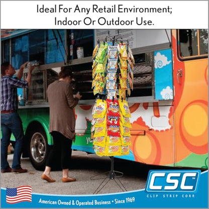 Clip Strip Corp. Free Standing Spinner Retail Display Rack 68.5" H,108 Total Clips, 4" Top Wire Sign Holder, 12 Rotating Rods each w/ 9 Heavy Duty Genuine Coil Spring Clips, 24" W Base, Black