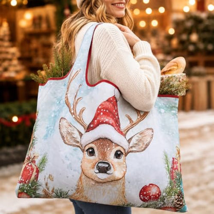 Foldable Grocery Tote Bag, Sunflower Print Shoulder Bag for Errands Travel - color: A3-christmas Reindeer