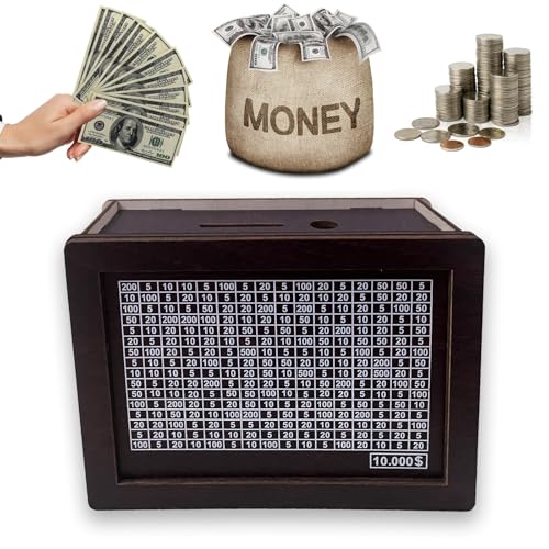 Money Saving Box Piggy Bank, Cash Coin Retro Money Savings Box with Counter for Savings Goal with Dry Erase Pen, Cash Vault Wooden Challenge Box for Boys and Girls ($10000, Brown) - color: Brown