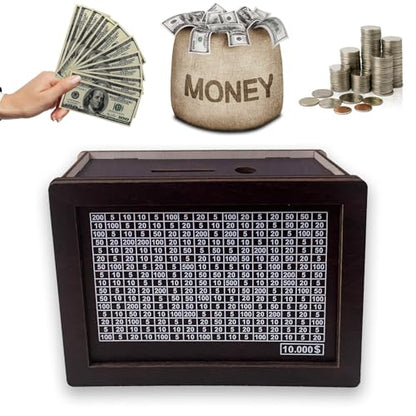 Money Saving Box Piggy Bank, Cash Coin Retro Money Savings Box with Counter for Savings Goal with Dry Erase Pen, Cash Vault Wooden Challenge Box for Boys and Girls ($10000, Brown) - color: Brown