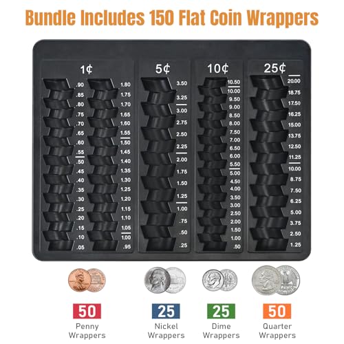 LLIKED 1PCS Black Coin Counter Tray and Sorting Tray with 150 Coin Wrappers - color: Black